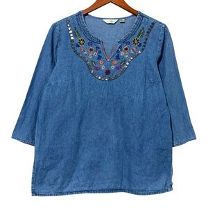 Passport Medium Denim Embroidered Beaded Boho Top Split Neck 3/4 Sleeve
